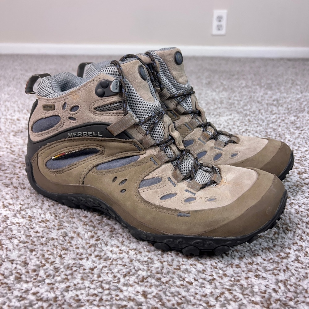 Merrell Boots Women 10 Brown Hiking Waterproof Vibram Suede Mesh Chameleon Arc